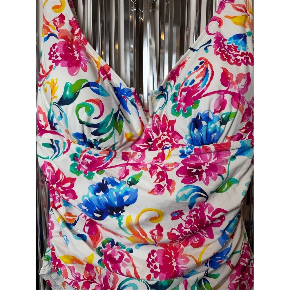 Anne Cole Womens Floral V-Neck Shirred One Piece Swimsuit White Multi Size 16 - Picture 4 of 8